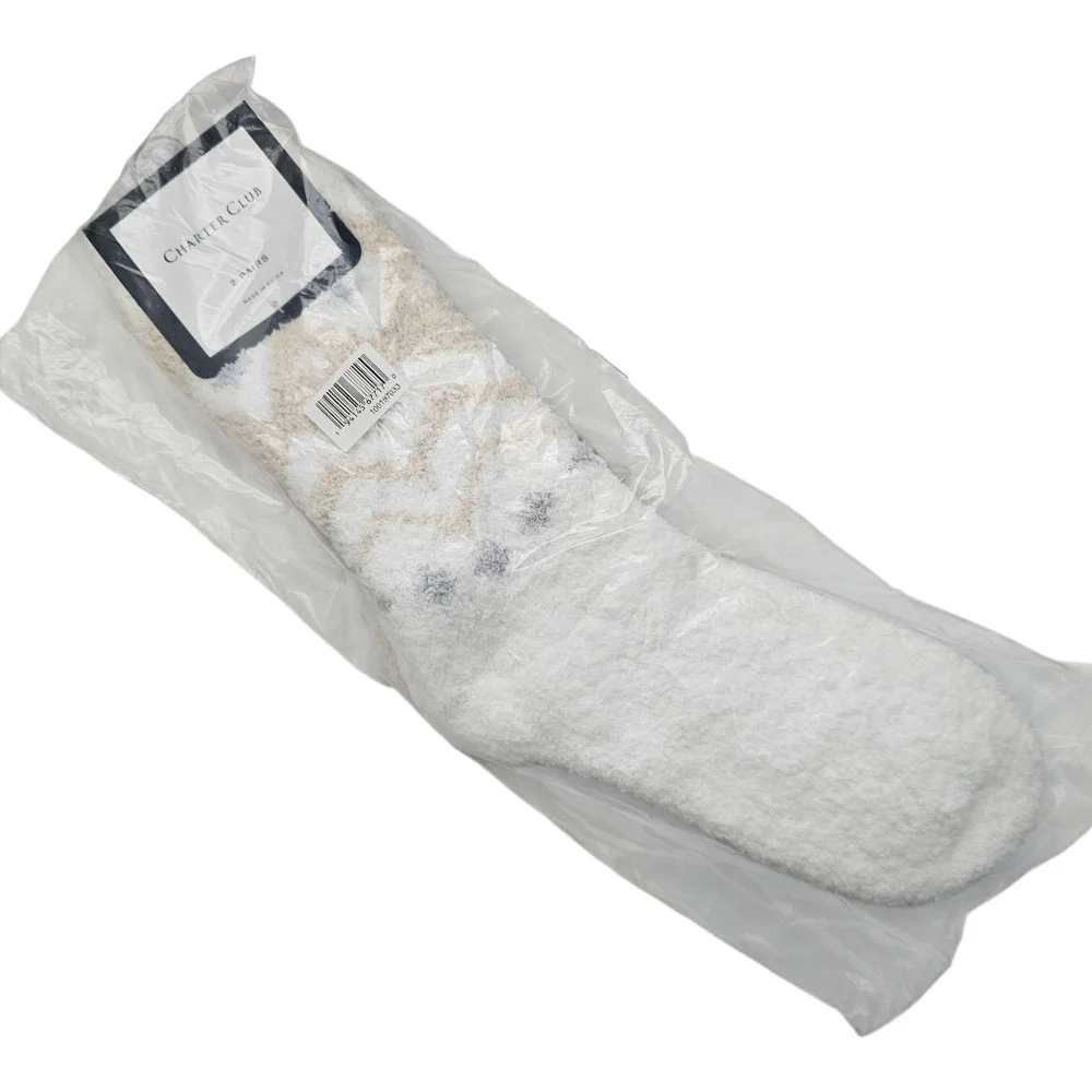 Charter Club Holiday Fuzzy Butter Socks 2-Pack‎ Beige & White One Size Shoe 6-10